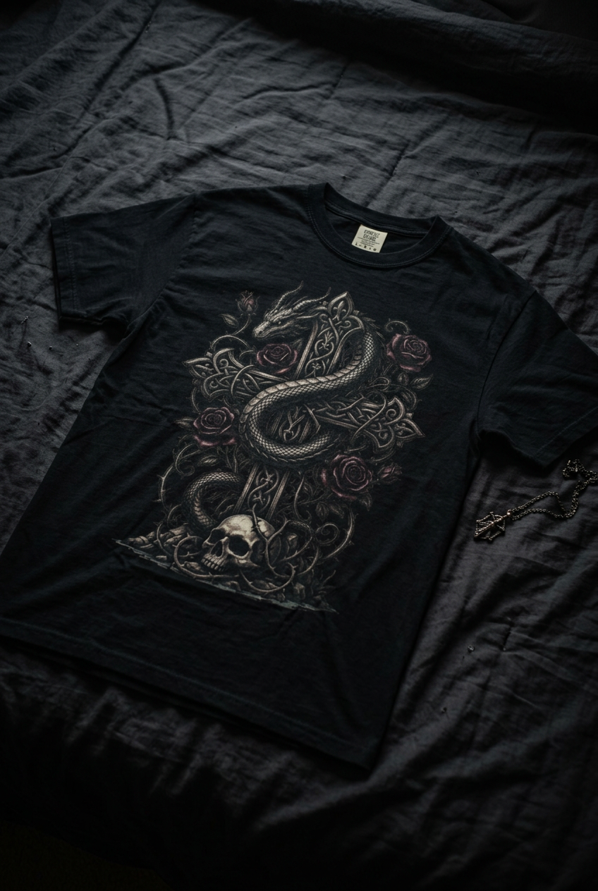 Gothic Serpent & Cross T-Shirt Flat Lay