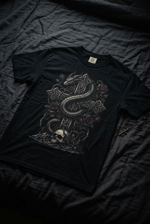 Gothic Serpent & Cross T-Shirt Flat Lay